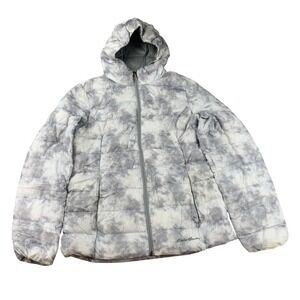 Eddie Bauer Down Jacket Women M EB650 Hooded Puffer Grey Tie Dye Marble 650 Fill
